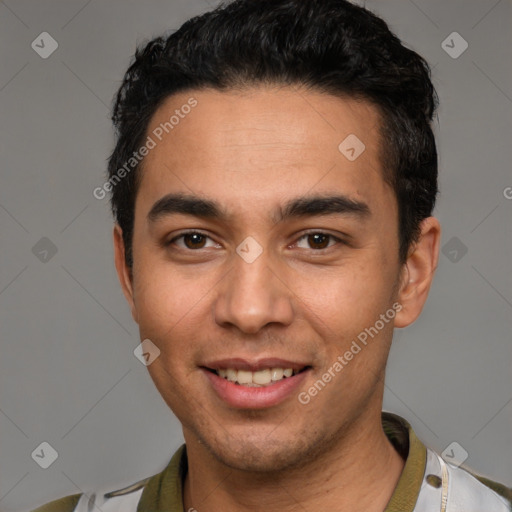 Joyful white young-adult male with short  black hair and brown eyes