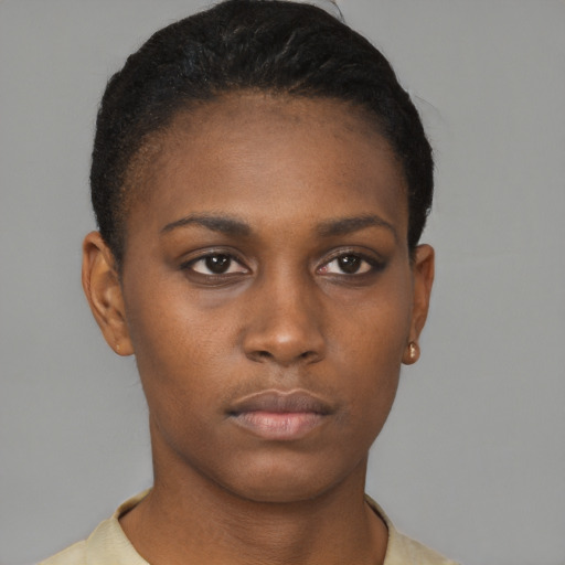 Neutral black young-adult female with short  brown hair and brown eyes