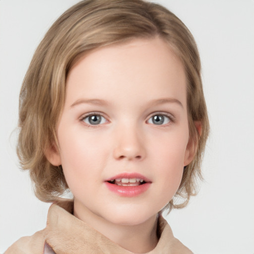 Neutral white child female with medium  brown hair and blue eyes