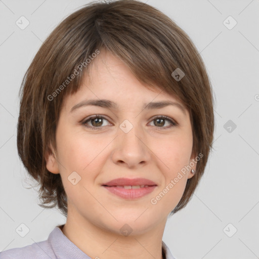 Joyful white young-adult female with medium  brown hair and grey eyes