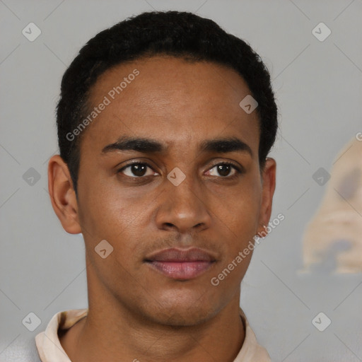 Neutral black young-adult male with short  black hair and brown eyes