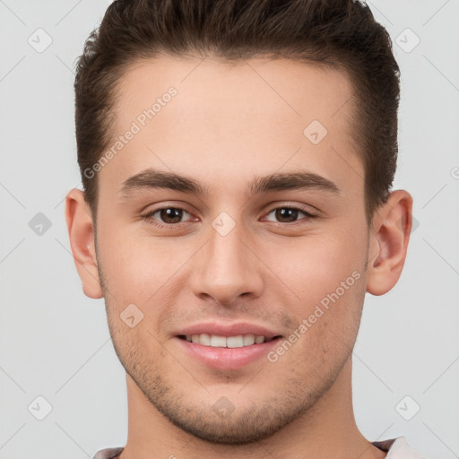 Joyful white young-adult male with short  brown hair and brown eyes