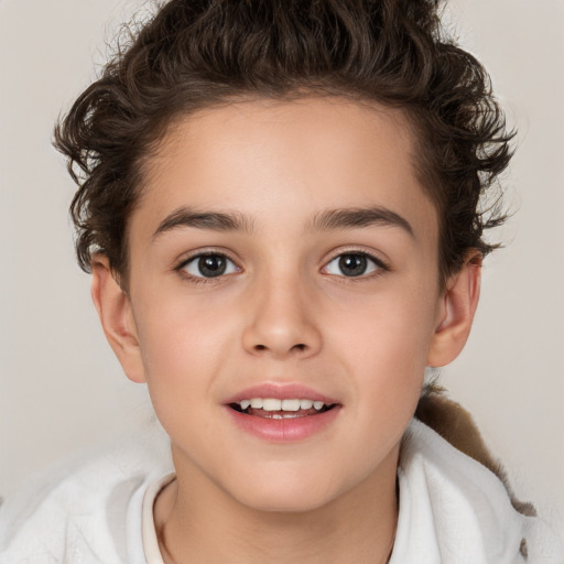 Joyful white child female with short  brown hair and brown eyes