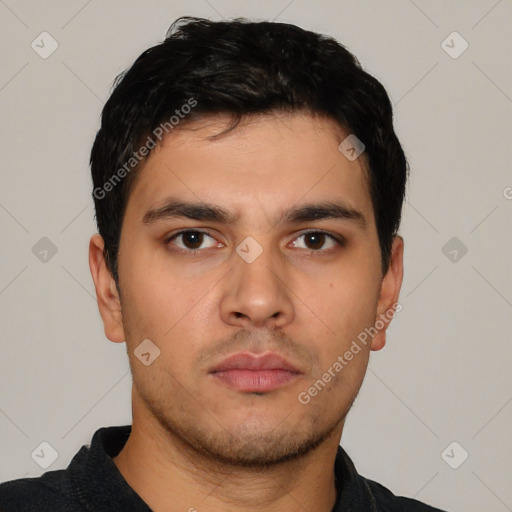 Neutral white young-adult male with short  black hair and brown eyes