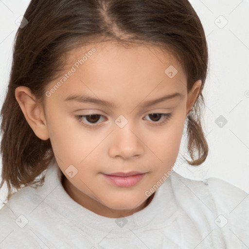 Joyful white child female with medium  brown hair and brown eyes