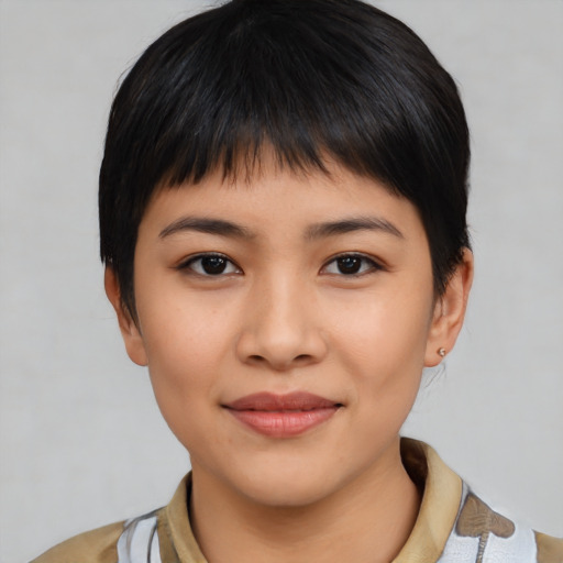 Joyful asian young-adult female with medium  black hair and brown eyes