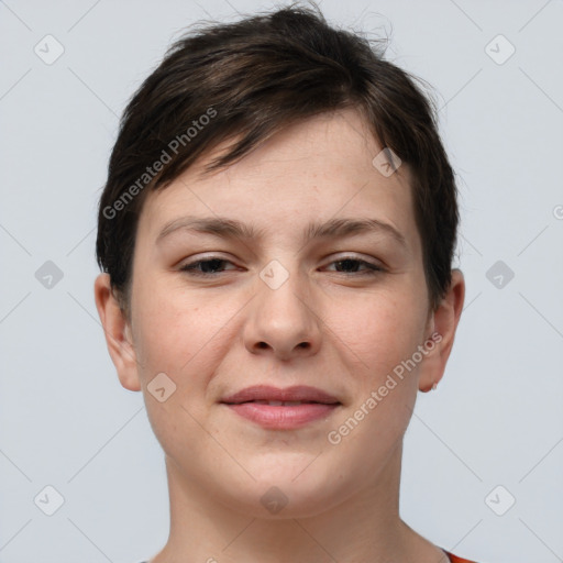 Joyful white young-adult female with short  brown hair and grey eyes