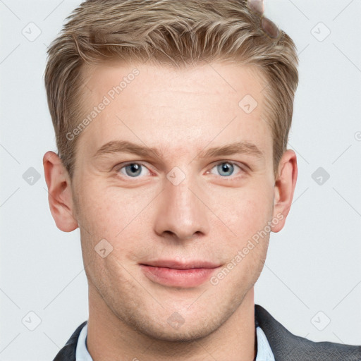 Joyful white young-adult male with short  brown hair and blue eyes