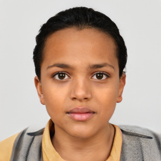 Neutral latino child female with short  black hair and brown eyes