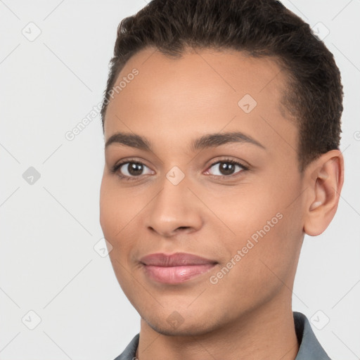 Joyful white young-adult female with short  brown hair and brown eyes