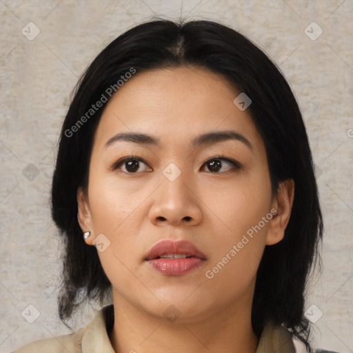 Neutral asian young-adult female with medium  black hair and brown eyes