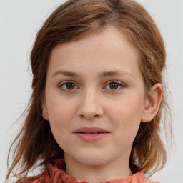 Joyful white child female with medium  brown hair and brown eyes