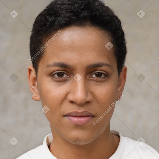 Joyful latino young-adult female with short  brown hair and brown eyes