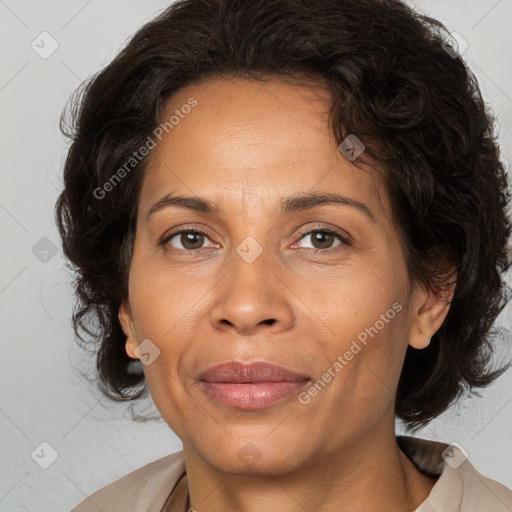 Joyful white adult female with medium  brown hair and brown eyes