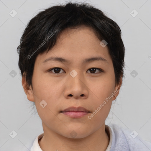 Neutral asian young-adult female with short  brown hair and brown eyes