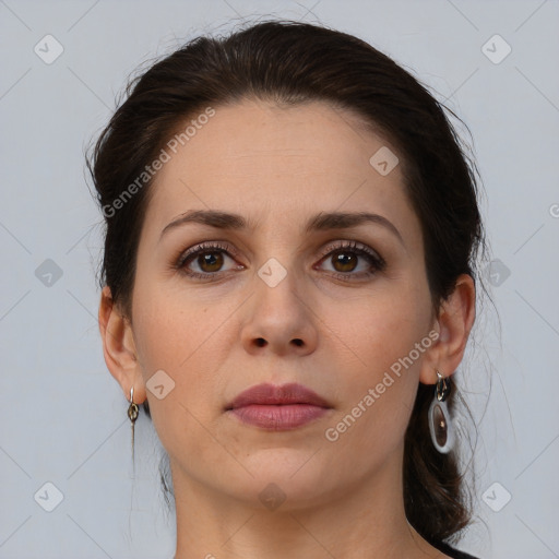 Neutral white young-adult female with medium  brown hair and brown eyes