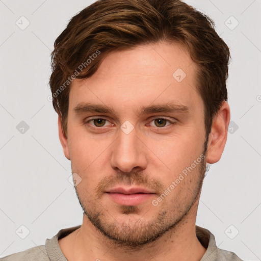 Neutral white young-adult male with short  brown hair and grey eyes