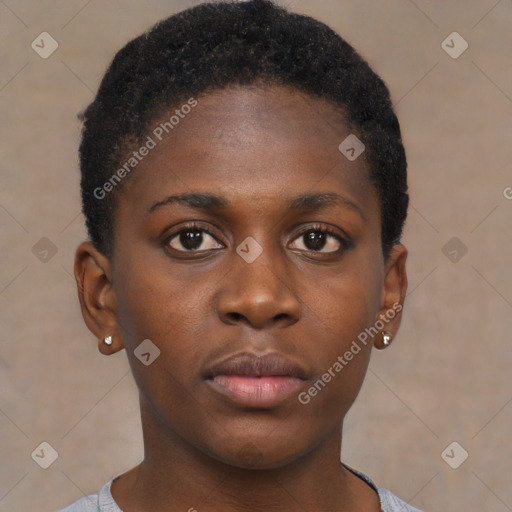 Neutral black young-adult female with short  brown hair and brown eyes