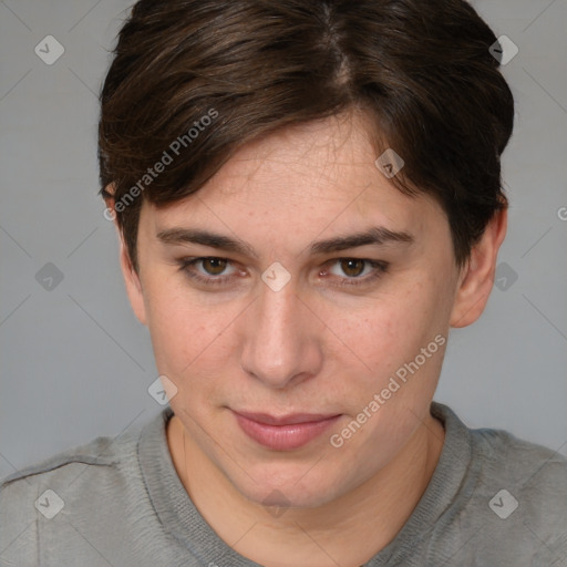 Joyful white young-adult female with medium  brown hair and brown eyes