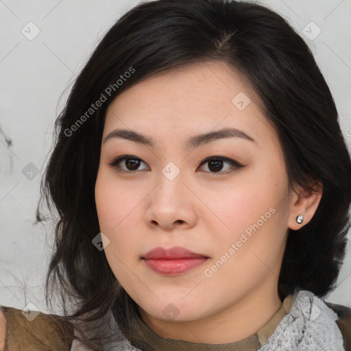 Neutral asian young-adult female with medium  brown hair and brown eyes