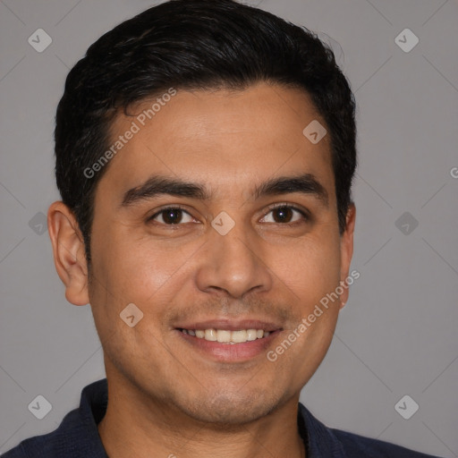 Joyful white young-adult male with short  black hair and brown eyes