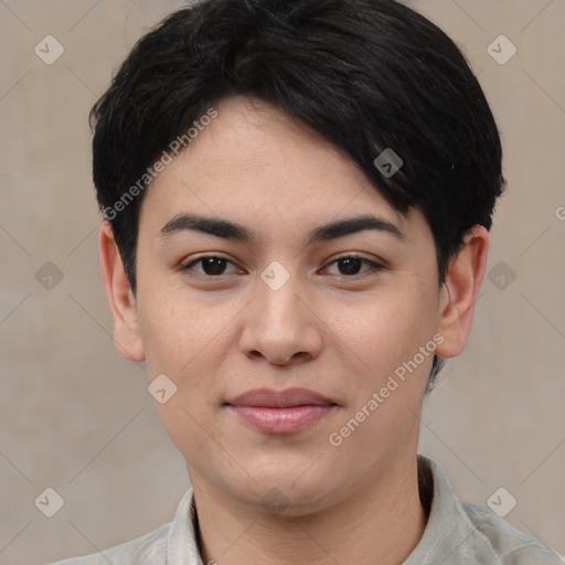 Joyful asian young-adult female with short  black hair and brown eyes