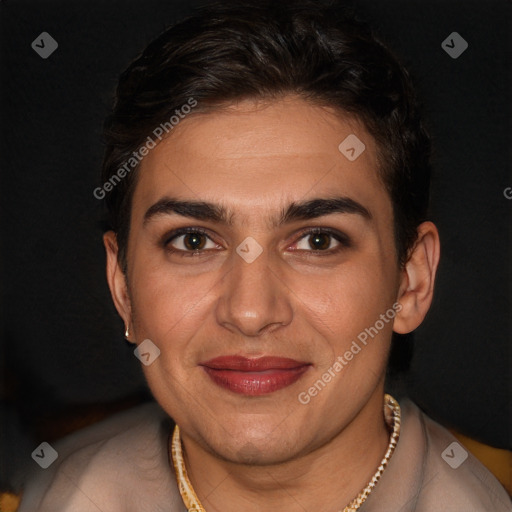 Joyful white adult female with short  brown hair and brown eyes