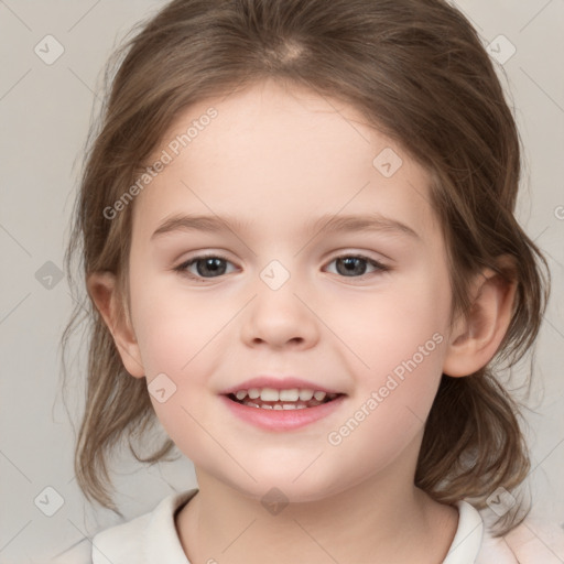 Joyful white child female with medium  brown hair and brown eyes