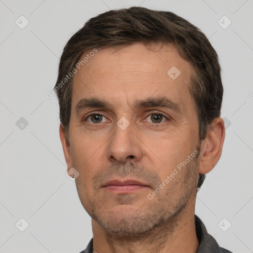 Neutral white adult male with short  brown hair and brown eyes