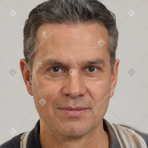 Joyful white middle-aged male with short  brown hair and brown eyes