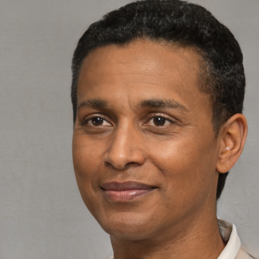 Joyful black adult male with short  black hair and brown eyes