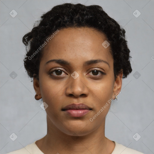 Neutral black young-adult female with short  black hair and brown eyes