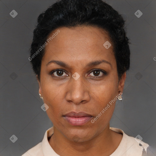 Neutral black adult female with short  black hair and brown eyes