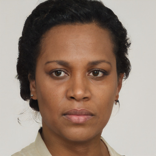 Neutral black young-adult female with short  brown hair and brown eyes