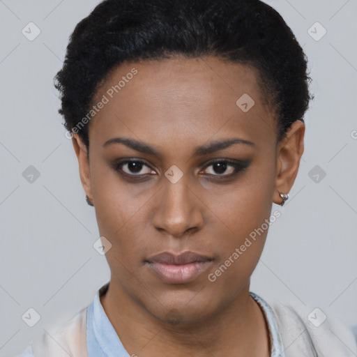 Neutral black young-adult female with short  black hair and brown eyes