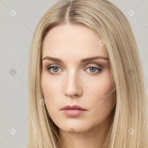 Neutral white young-adult female with long  brown hair and brown eyes