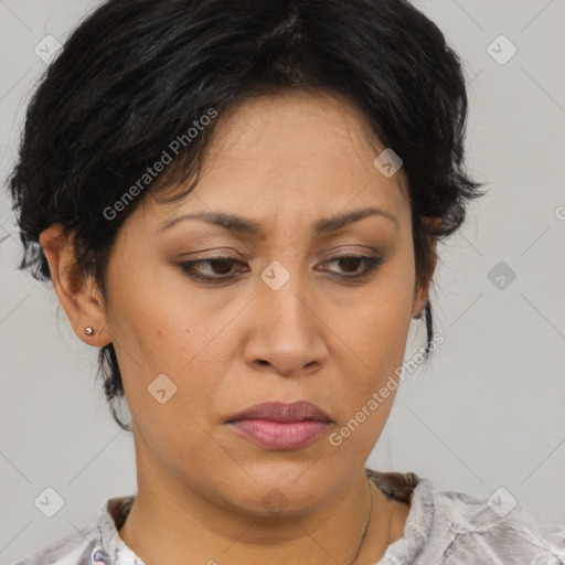 Joyful asian adult female with medium  brown hair and brown eyes