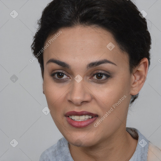 Joyful latino young-adult female with short  brown hair and brown eyes