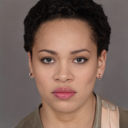 Neutral black young-adult female with short  brown hair and brown eyes