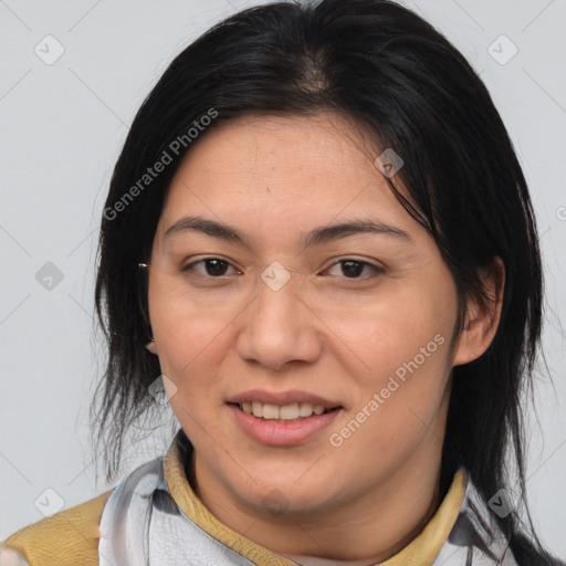 Joyful white adult female with medium  brown hair and brown eyes