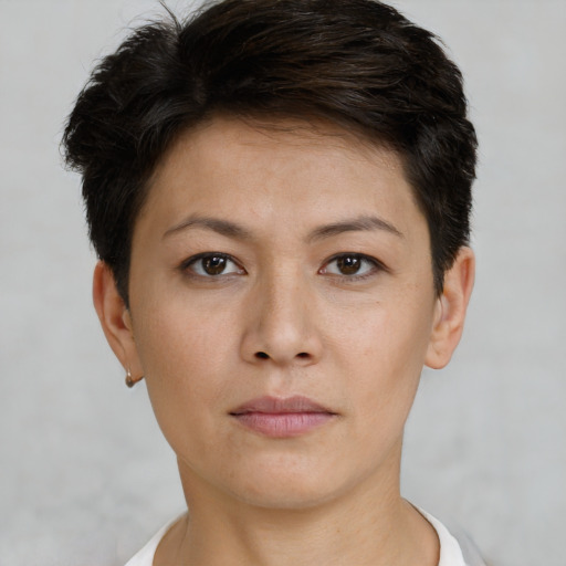 Neutral white young-adult female with short  brown hair and brown eyes