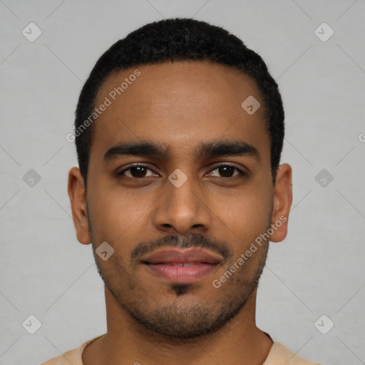 Neutral latino young-adult male with short  black hair and brown eyes