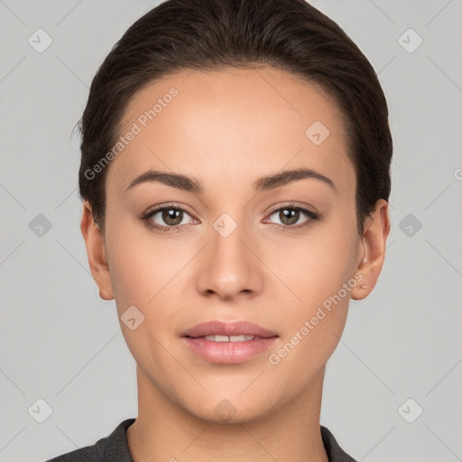 Neutral white young-adult female with short  brown hair and brown eyes