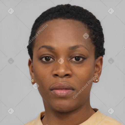 Neutral black young-adult female with short  black hair and brown eyes