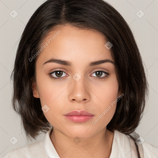 Neutral white young-adult female with medium  brown hair and brown eyes