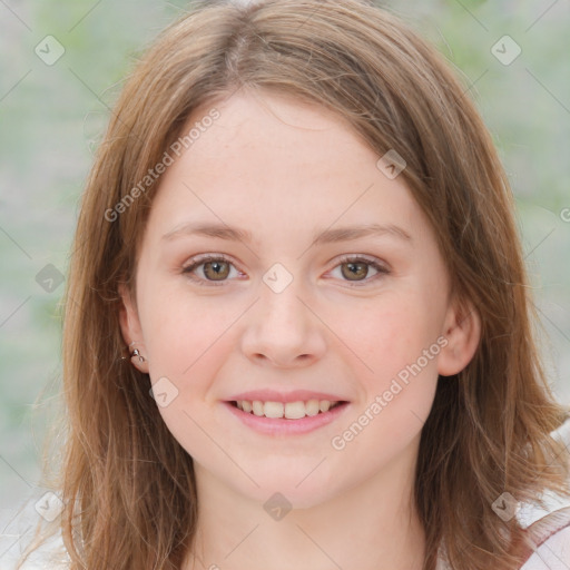 Joyful white young-adult female with medium  brown hair and blue eyes