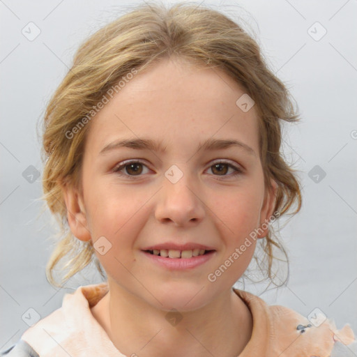 Joyful white child female with medium  brown hair and brown eyes