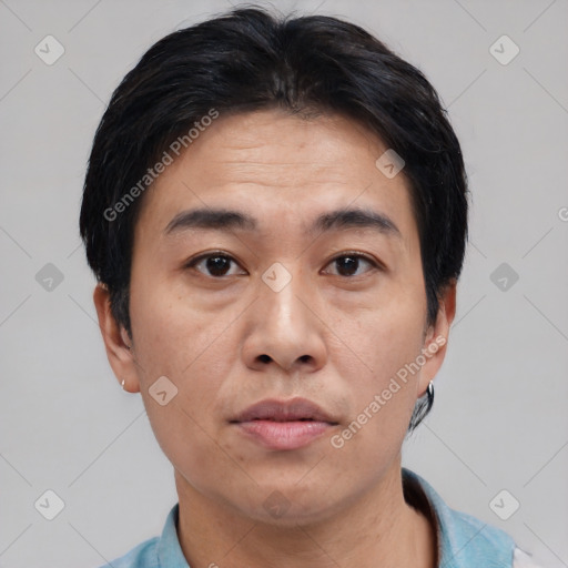 Neutral asian young-adult male with short  black hair and brown eyes