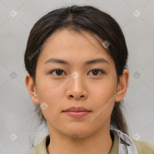 Neutral asian young-adult female with medium  brown hair and brown eyes