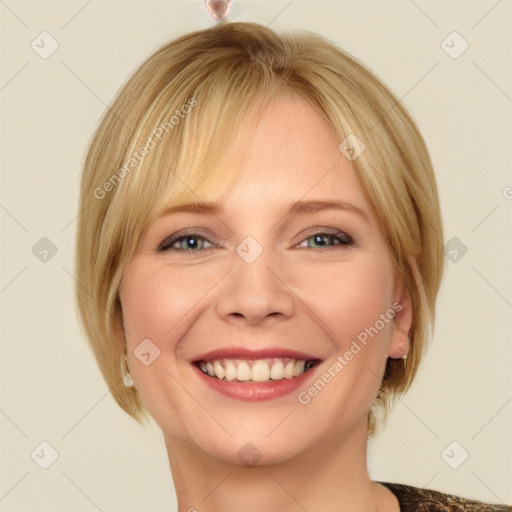 Joyful white young-adult female with medium  blond hair and blue eyes